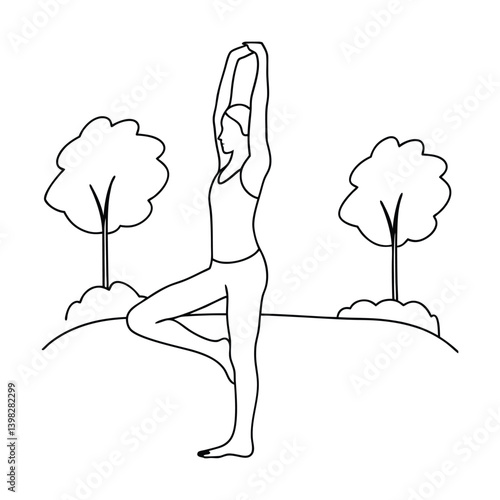 Minimalist Line Art Illustration Of Woman Practicing Tree Pose Outdoors