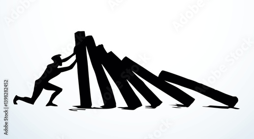 A man stops falling dominoes. Vector drawing