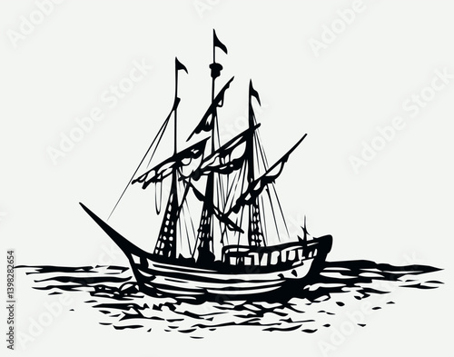 Vector landscape. Sketch of a fishing boat