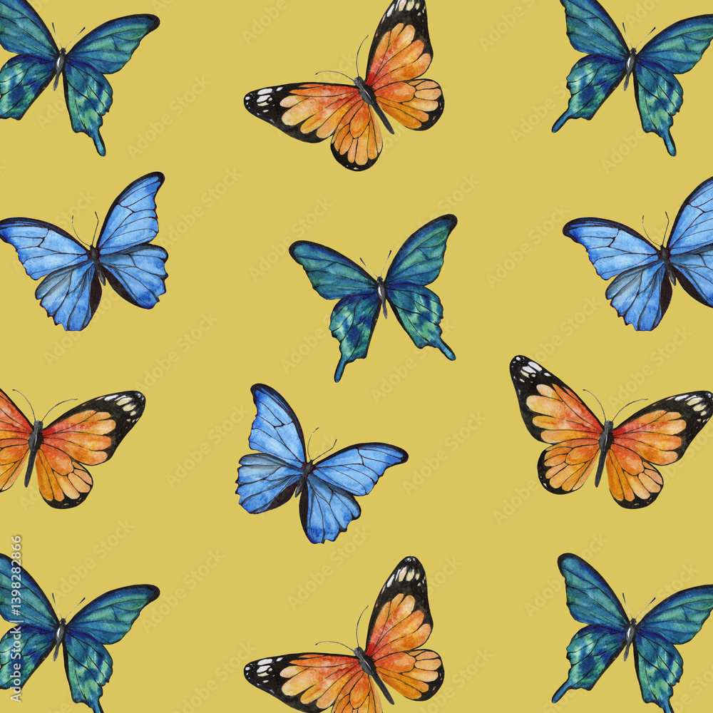 Seamless watercolor pattern of blue red and green butterflies on a yellow background Seamless watercolor pattern of blue red and green butterflies on a yellow background