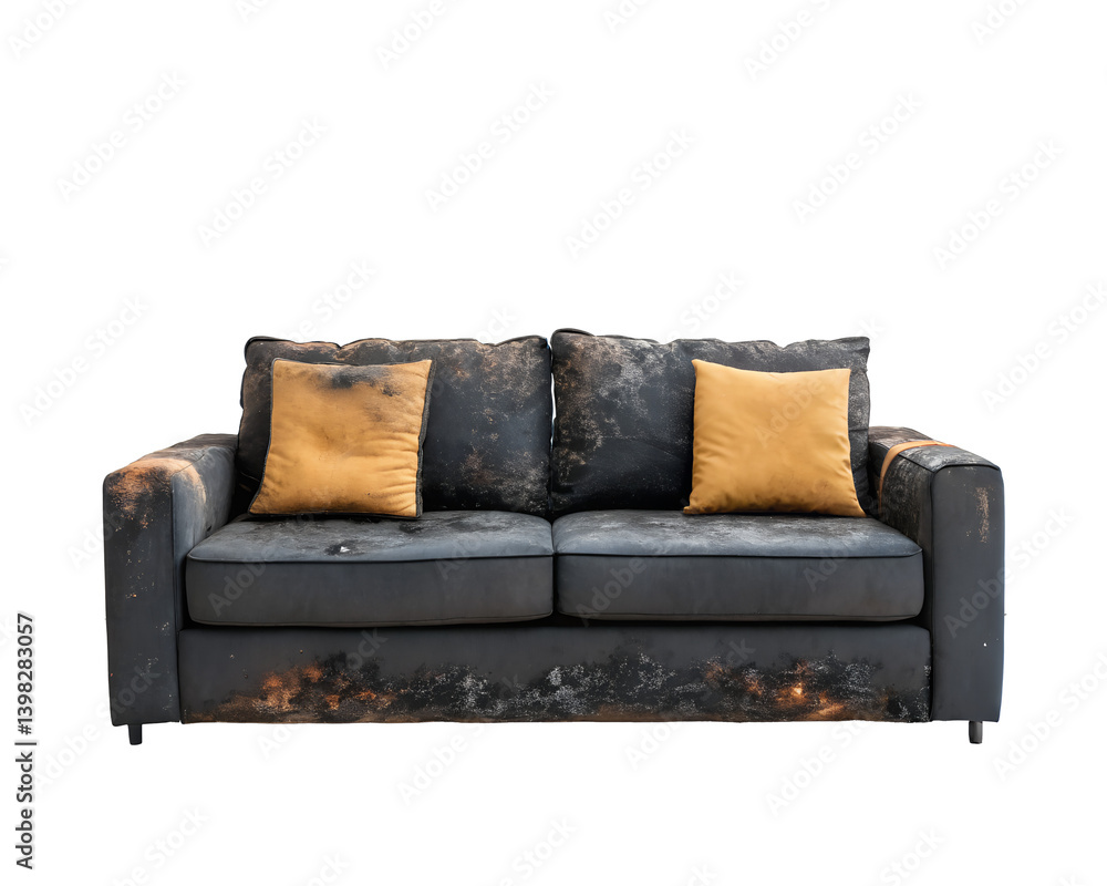 Obraz premium Burned Sofa Set with Charred Cushions on White Background, Damaged Furniture, Fire Damage