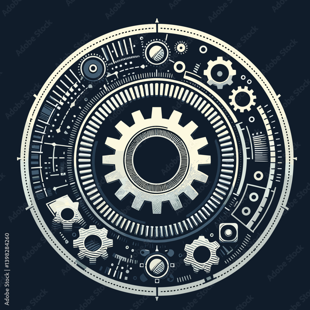 Obraz premium Stylized illustration of a gear surrounded by mechanical elements in a circular design