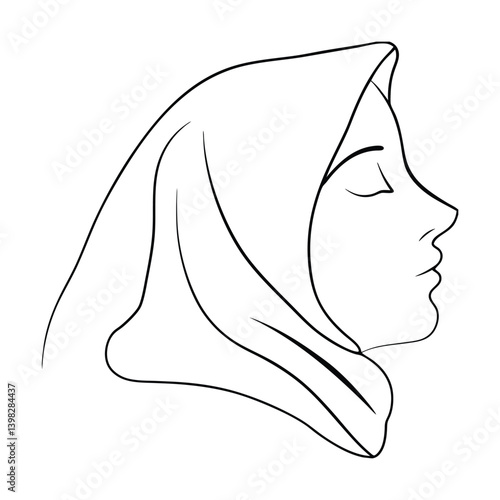 Minimalist Line Art Illustration Of Woman In Hijab Religious Islamic Headscarf