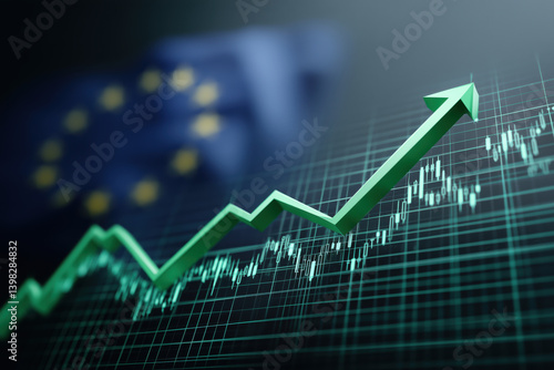 Rising green arrow over stock chart with European Union flag background.


