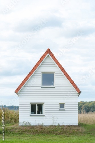 Wallpaper Mural White wooden house with a red roof located in a green landscape under a cloudy sky, creating a serene atmosphere for relaxation or inspiration at any time of the year Torontodigital.ca