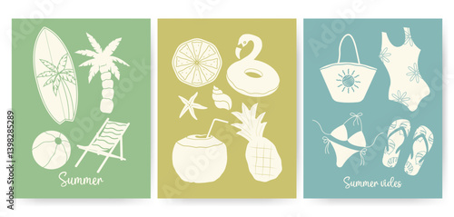 Set of cards for summer. Modern abstract prints with flamingos, pineapple, tropic leaves, cocktails, plum tree, beach accessories template for poster, banner
