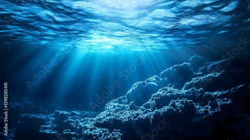 Underwater Ocean Scene with Sunlight Rays Penetrating Deep Blue Water Surface Illuminating Rocky Coral Reef Formation, Copy Space