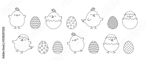 Easter chick and egg linear icon, cartoon children bird, cute chicken hatch, spring little character black outline design isolated on white background. Fun holiday decor element. Vector illustration