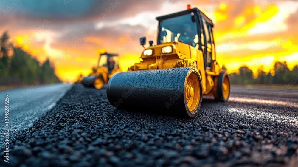 Asphalt Road Construction at Sunset: Heavy Machinery Working on New Highway Asphalt Road Construction at Sunset: Heavy Machinery Working on New Highway