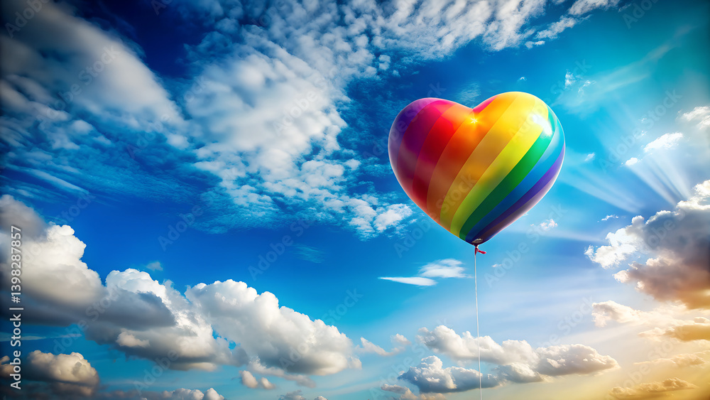 Fototapeta premium Rainbow Heart Balloon Floating in Sky – Illustration Uplifting LGBTQ+ Symbol with Sunlit Colors & Soft Clouds, Minimalist Design with Copy Space