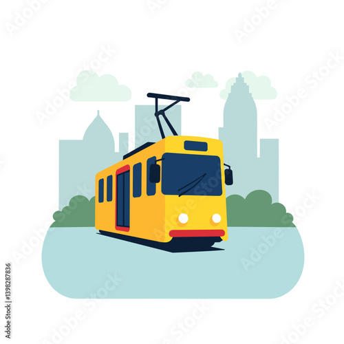 Yellow Tram in Urban Landscape against City Skyline  