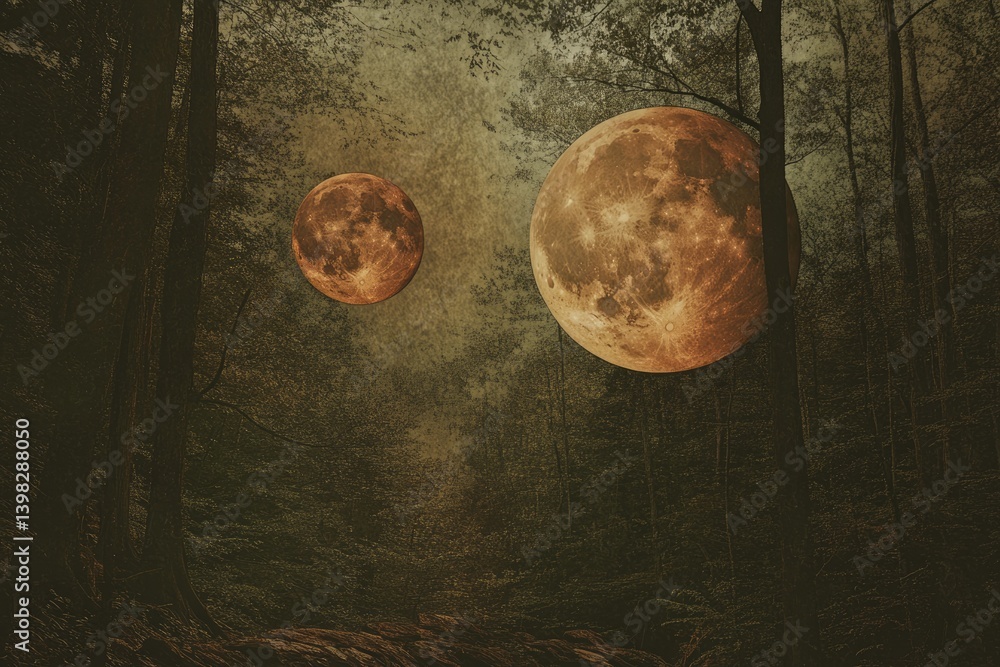 Two large, orange moons loom over a dark, mysterious forest, creating a surreal and eerie scene. Two large, orange moons loom over a dark, mysterious forest, creating a surreal and eerie scene.