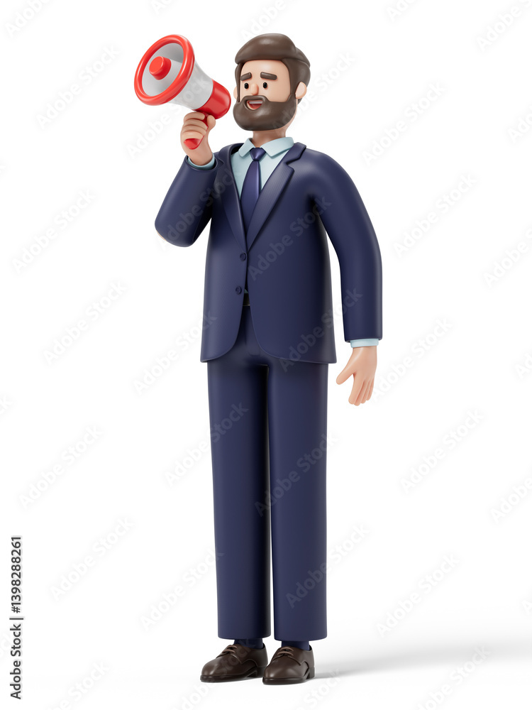 Man with a megaphone, symbolizing announcement or spreading information. 3D rendering, conceptual image. Isolated on white background. Man with a megaphone, symbolizing announcement or spreading information. 3D rendering, conceptual image. Isolated on white background.