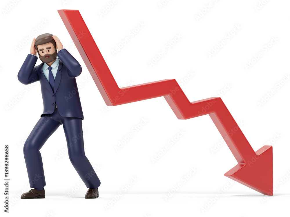 Man with a declining arrow, symbolizing loss or downturn in business. 3D rendering, conceptual image. Isolated on white background. Man with a declining arrow, symbolizing loss or downturn in business. 3D rendering, conceptual image. Isolated on white background.