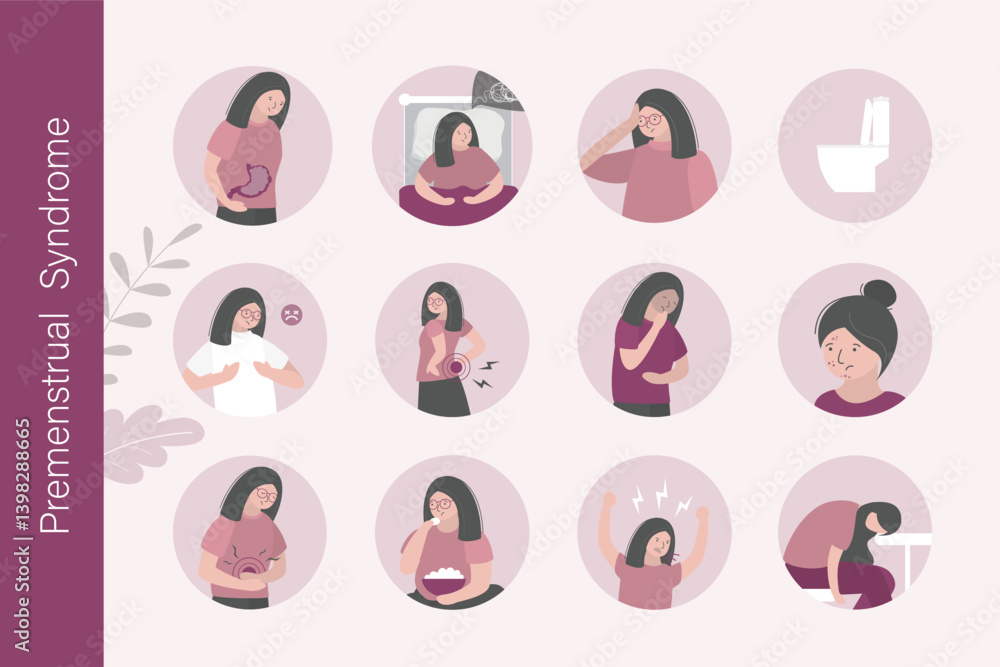 Premenstrual syndrome. Menstrual pain. PMS symptoms and treatment, infographic, horizontal banner. Women abdominal pain and headache. Menstruation cycle Premenstrual syndrome. Menstrual pain. PMS symptoms and treatment, infographic, horizontal banner. Women abdominal pain and headache. Menstruation cycle