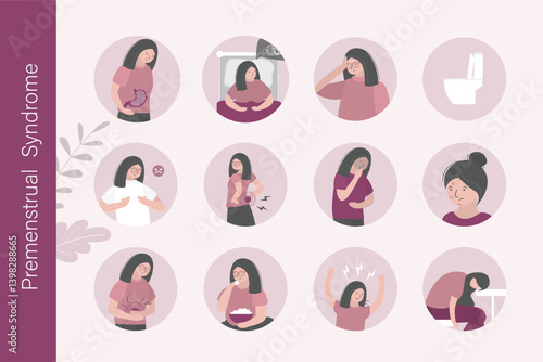 Premenstrual syndrome. Menstrual pain. PMS symptoms and treatment, infographic, horizontal banner. Women abdominal pain and headache. Menstruation cycle
