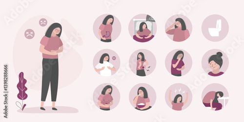 Menstrual pain. PMS symptoms, infographic, horizontal banner template. Women abdominal pains and headache. Menstruation cycle, infographic. Unhappy girl, various signs