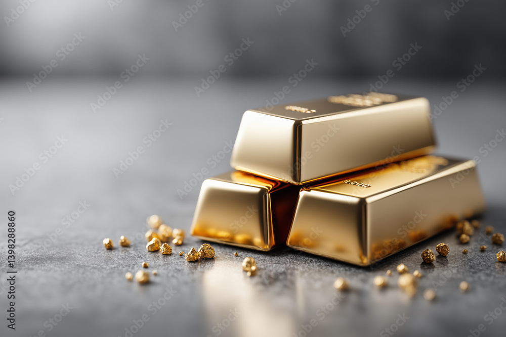 Three glossy gold bars and scattered nuggets placed on a smooth stone background, symbolizing wealth and investment Three glossy gold bars and scattered nuggets placed on a smooth stone background, symbolizing wealth and investment