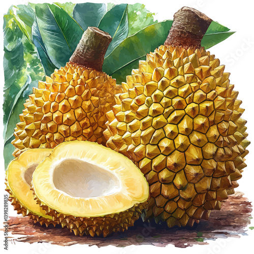 Jackfruit, watercolor illustration, isolated on a white background.

