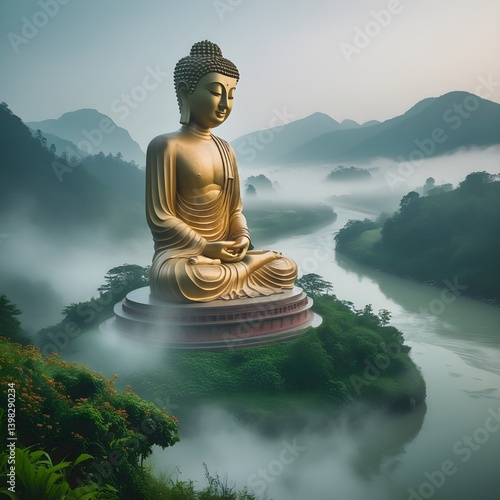 Aerial view of the golden Buddha statue amidst temple buildings in the forest , mountain range and beside the canels. 