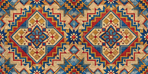 Vibrant geometric pattern with rich colors and intricate designs.