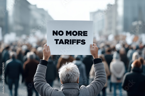  Person holding sign reading “NO MORE TARIFFS” at protest