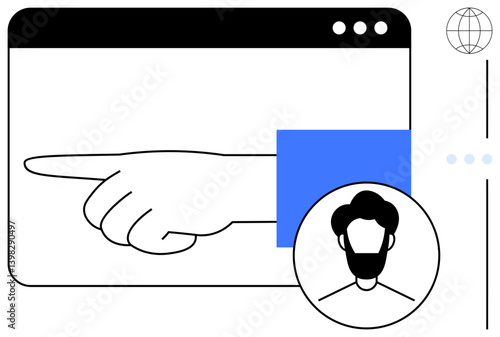 Hand pointing inside browser window represents navigation or guidance. Includes user avatar and globe icon. Ideal for digital interaction, internet, navigation, teamwork, guidance, profiles, global