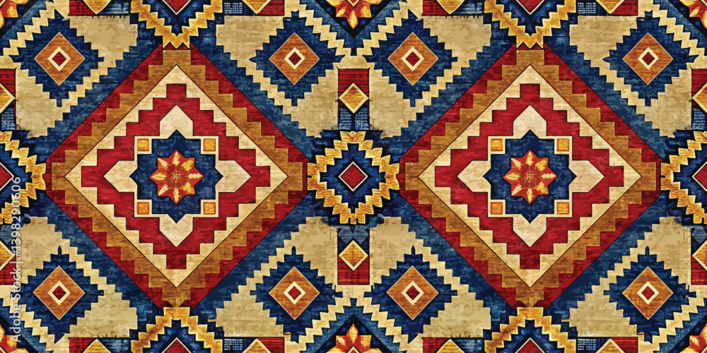 Vibrant geometric pattern featuring bold colors and intricate shapes. Vibrant geometric pattern featuring bold colors and intricate shapes.