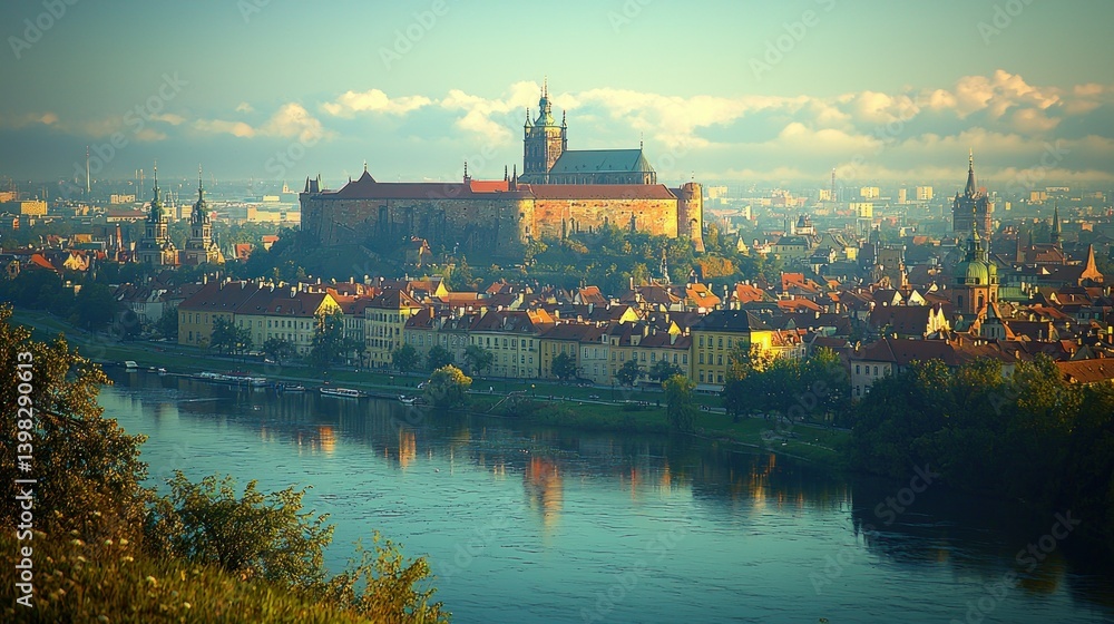 Fototapeta premium Majestic Wroclaw Castle Overlooking the Oder River at Dawn