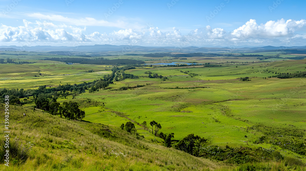 Panoramic View Of Green Farmland And Hills Under Sunny Sky Panoramic View Of Green Farmland And Hills Under Sunny Sky