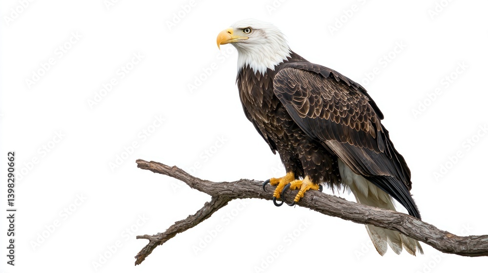 Bald eagle perched on a branch isolated on a white background Bald eagle perched on a branch isolated on a white background
