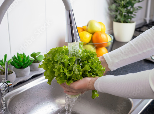 Woman hands washing a fresh lettuce to prepare a fresh salad