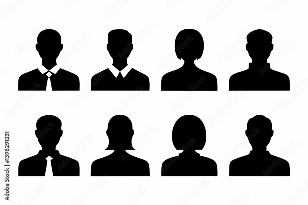 Silhouette Icons of Professional Male and Female Avatars in Business Attire on a White Background