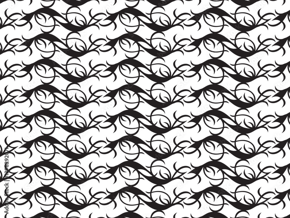 Fototapeta premium Black and white wave design pattern, characterized by smooth curves and a repetitive, flowing motif.
