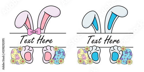 Adorable Bunny Ears and Paws with Easter Eggs and Flowers – Cute Spring Clipart Collection. Vector Illustration