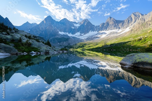 Wallpaper Mural Serene mountain lake reflects majestic peaks and a vibrant blue sky, creating a breathtaking mirrored landscape. Torontodigital.ca