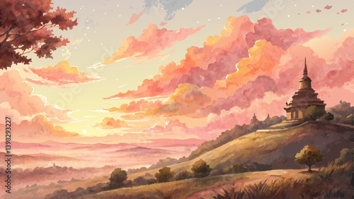 *Vesak Watercolor Sunrise Background – Dreamy Pink & Gold Sky Symbolizing Hope & Renewal with Copy Space*  