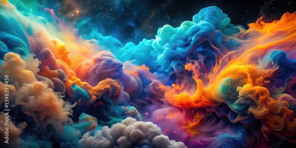 Naklejka premium A vibrant cosmic dreamscape of swirling nebulae, painted in hues of teal, orange, and purple, against a backdrop of twinkling stars.