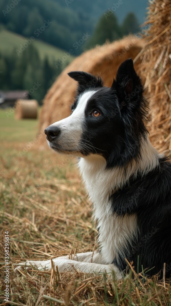 a border collie dog on a farm in the french alp with a haystack in the background