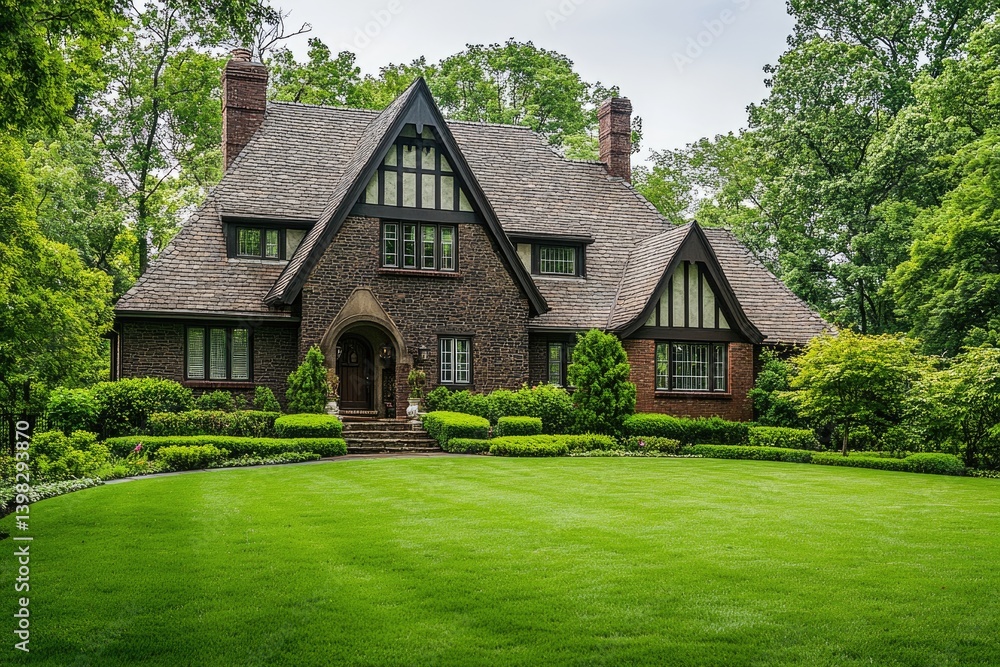 A stunning Tudor-style home nestled amongst lush greenery, showcasing exquisite architecture and landscaping. A stunning Tudor-style home nestled amongst lush greenery, showcasing exquisite architecture and landscaping.
