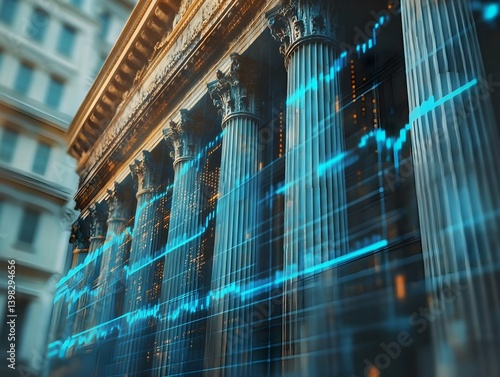 A stock market chart with a huge bank building in the background.