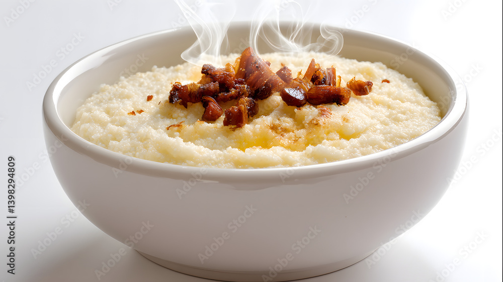 Creamy Kacamak Cornmeal Dish with Melted Cheese and Crispy Toppings in a White Ceramic Bowl Creamy Kacamak Cornmeal Dish with Melted Cheese and Crispy Toppings in a White Ceramic Bowl