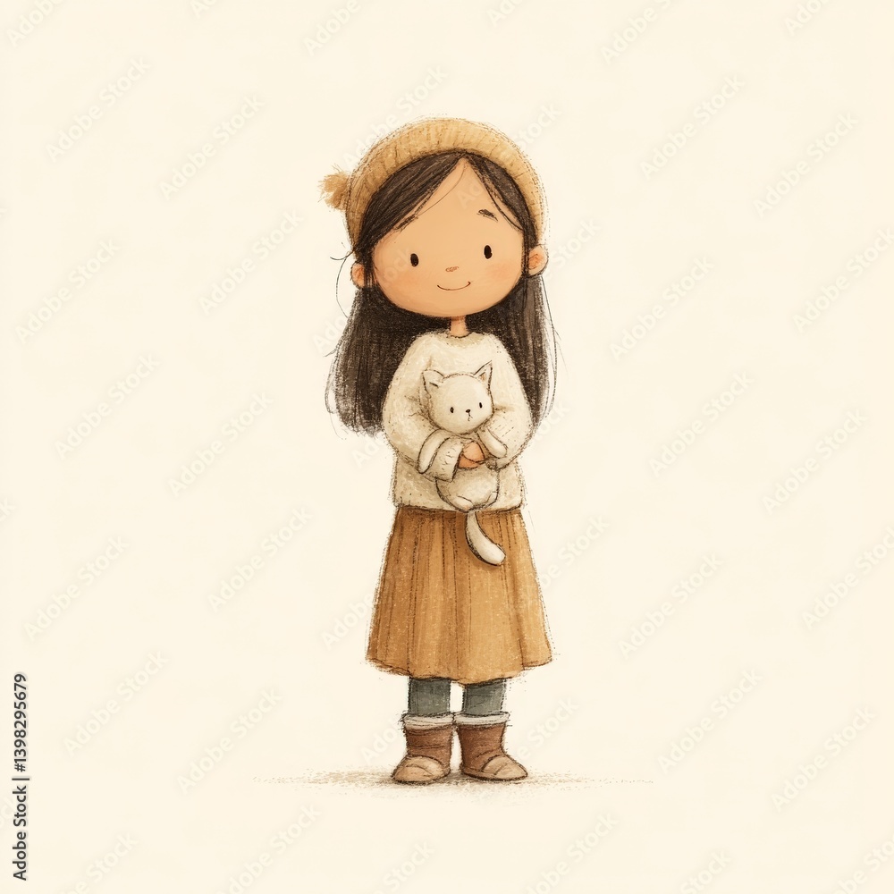 a little cartoon girl in a cute outfit holding a stuffed cat a little cartoon girl in a cute outfit holding a stuffed cat