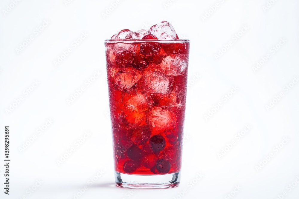 Tall glass filled with red beverage and ice cubes against a white setting Tall glass filled with red beverage and ice cubes against a white setting