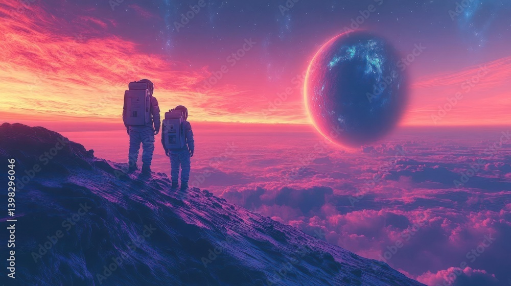 Astronauts on a mountaintop overlooking a vibrant alien landscape, with a large celestial body in the background Astronauts on a mountaintop overlooking a vibrant alien landscape, with a large celestial body in the background