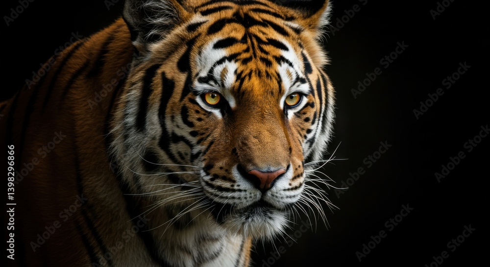 Naklejka premium Close-up of Bengal Tiger with Glowing Amber Eyes