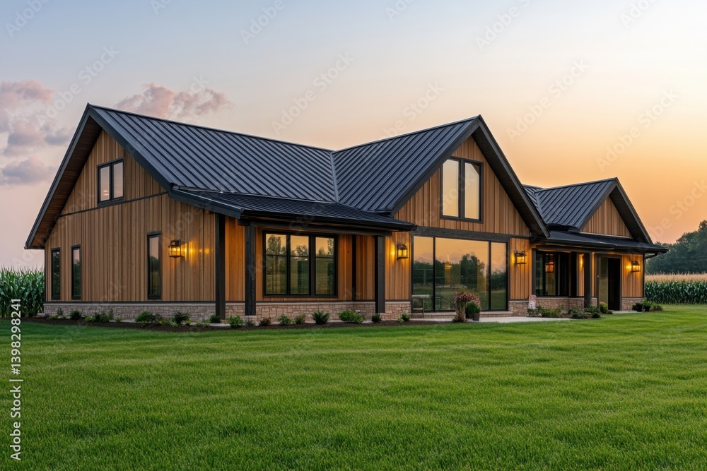 Modern farmhouse in a serene rural setting at sunset, showcasing a blend of wood and glass design surrounded by lush green grass and cornfields Modern farmhouse in a serene rural setting at sunset, showcasing a blend of wood and glass design surrounded by lush green grass and cornfields