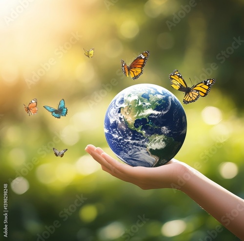 On world environment day, a green earth planet is depicted in a volunteer's woman hands, embodying the concept of sustainable ecology and environmental friendly practices, using an element of an