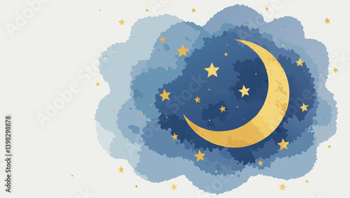 Ramadan crescent moon and stars in deep blue and gold watercolor, serene spiritual background with soft blending and copy space
