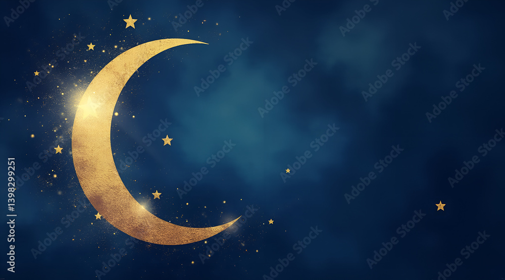 Naklejka premium Ramadan crescent moon and stars in deep blue and gold watercolor, serene spiritual background with soft blending and copy space